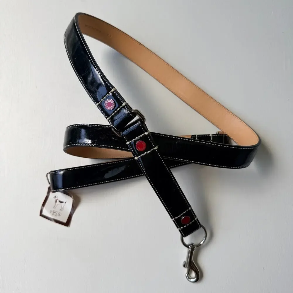 Coach Large Black Patent Leather Dog Leash Vintage Hearts & Bones 60065
